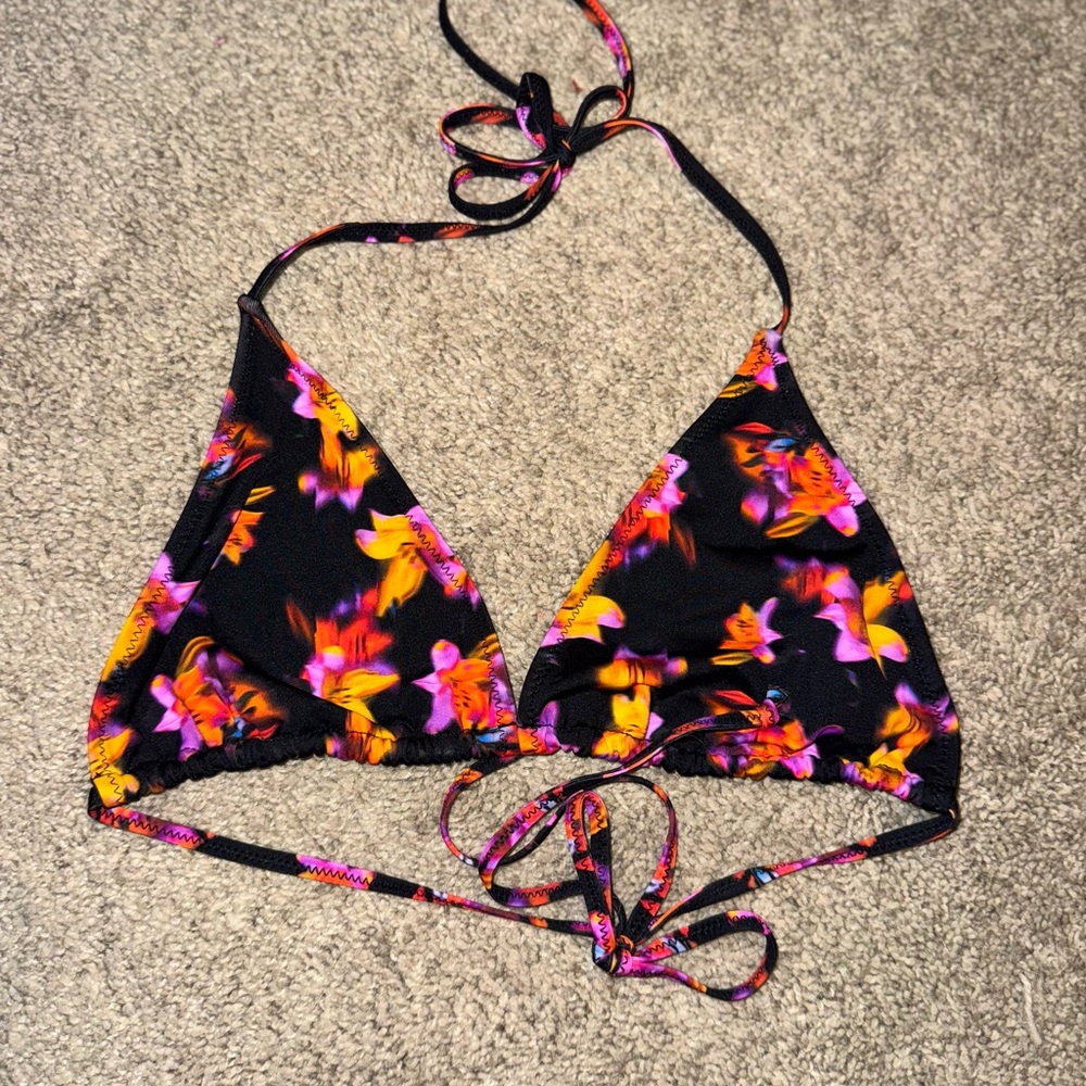 Bright Swimwear Black Floral Triangle Bikini Top with Pink & Orange Accents